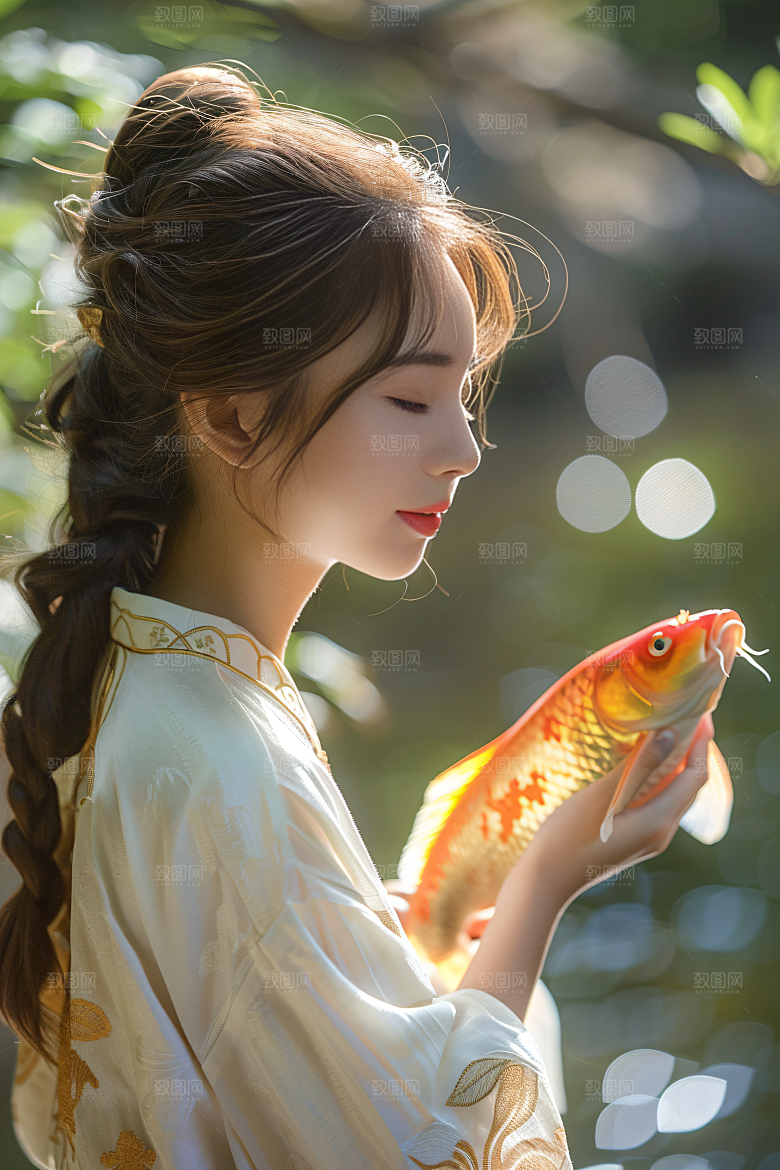 锦鲤和女孩春节祝福摄影图