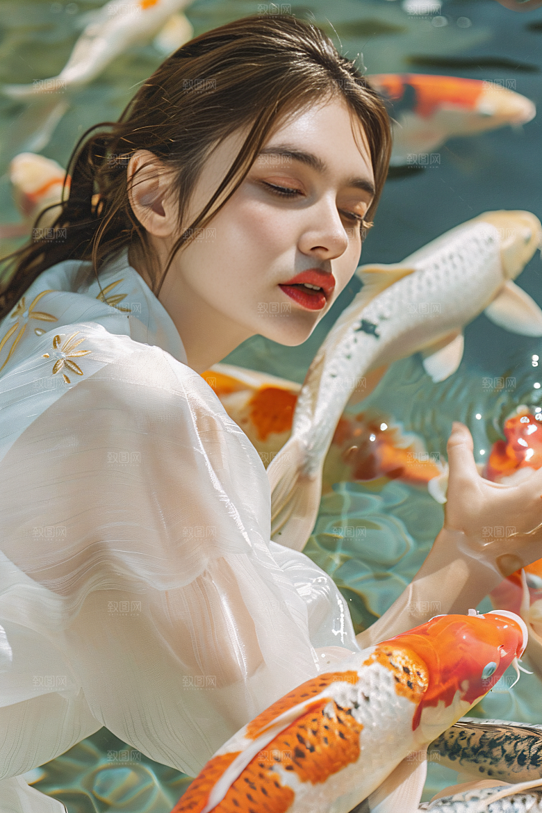 锦鲤和女孩新年祈福摄影图