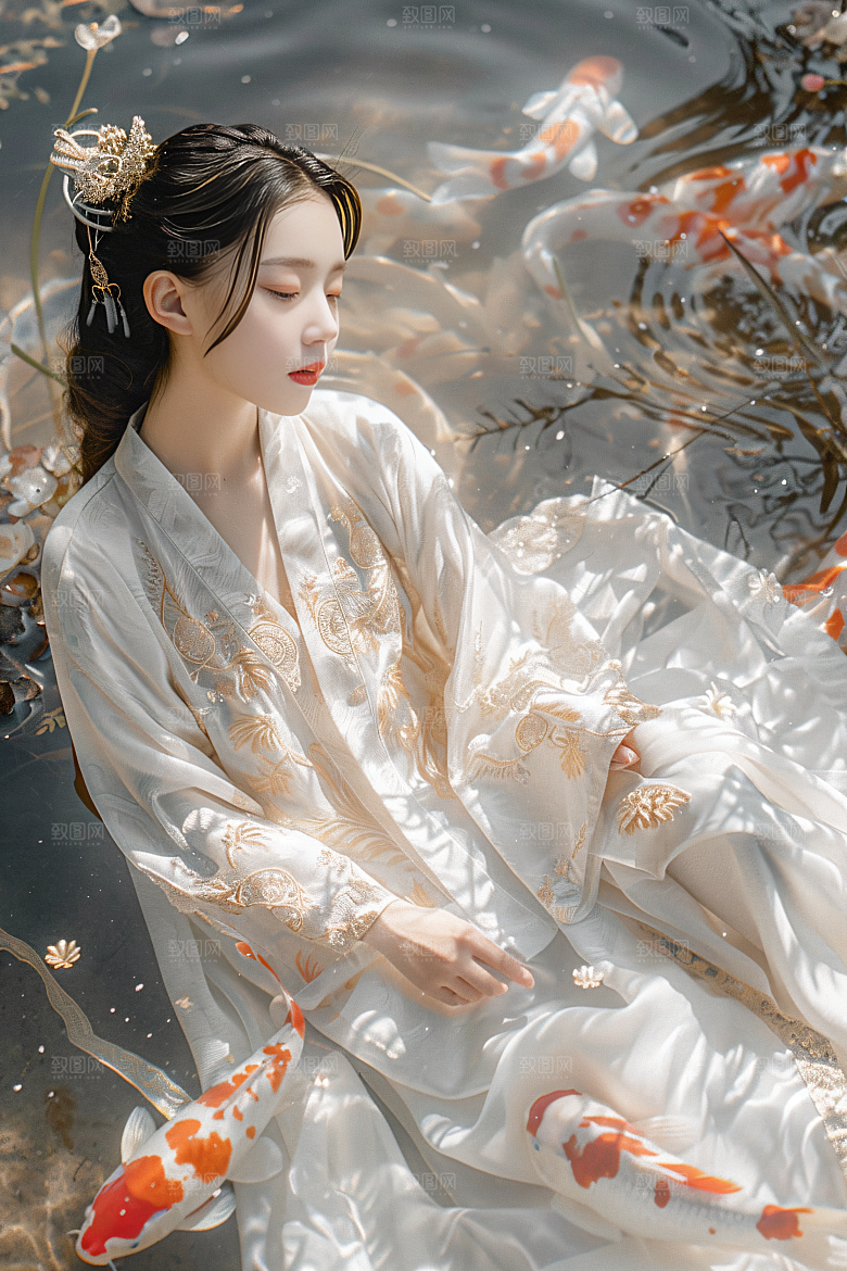 锦鲤和女孩波光粼粼祈福摄影图