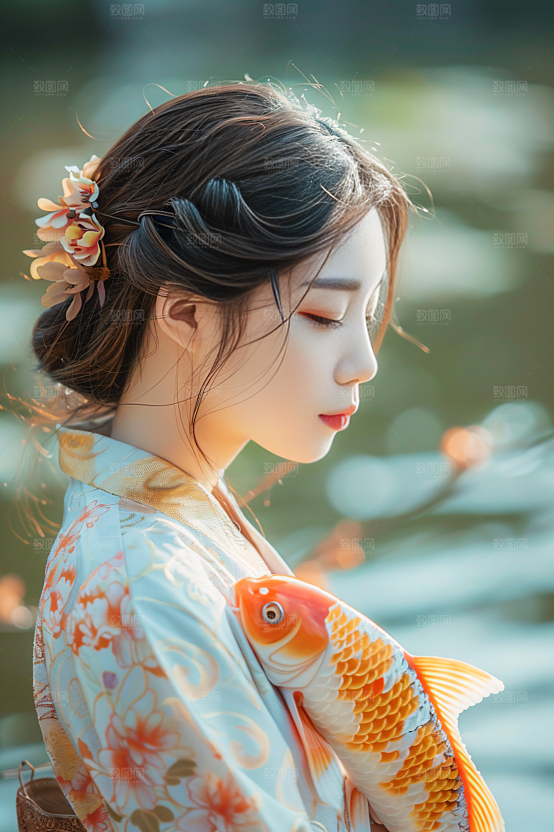 锦鲤和女孩好运春节摄影图