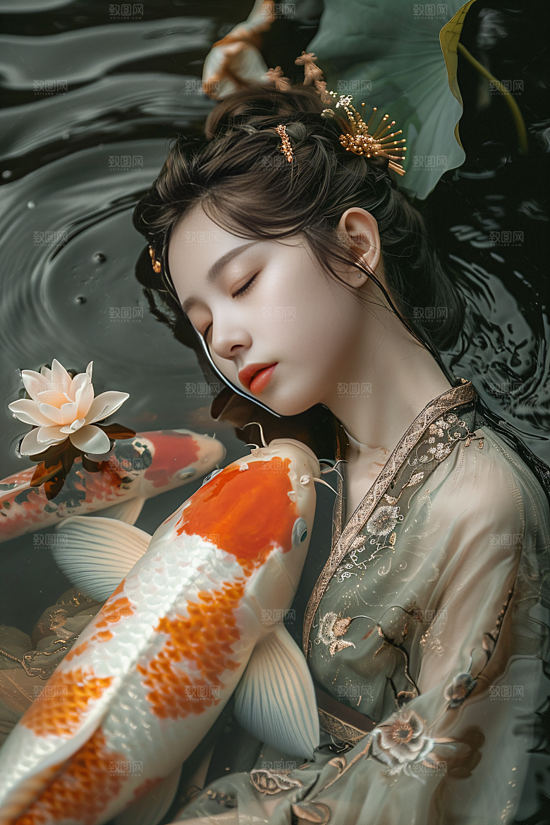 锦鲤和女孩波光粼粼喜庆摄影图