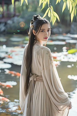 锦鲤和女孩春节中国风摄影图