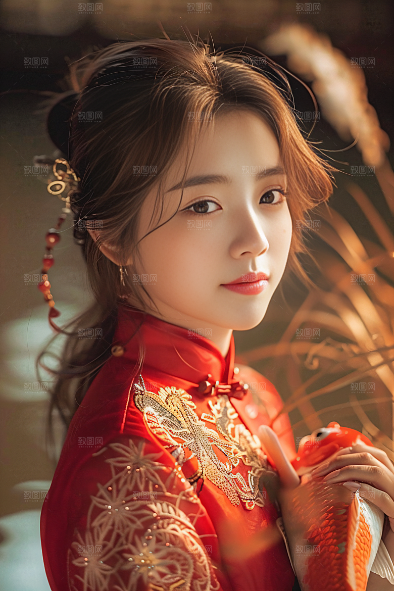 锦鲤和女孩中国风祝福摄影图