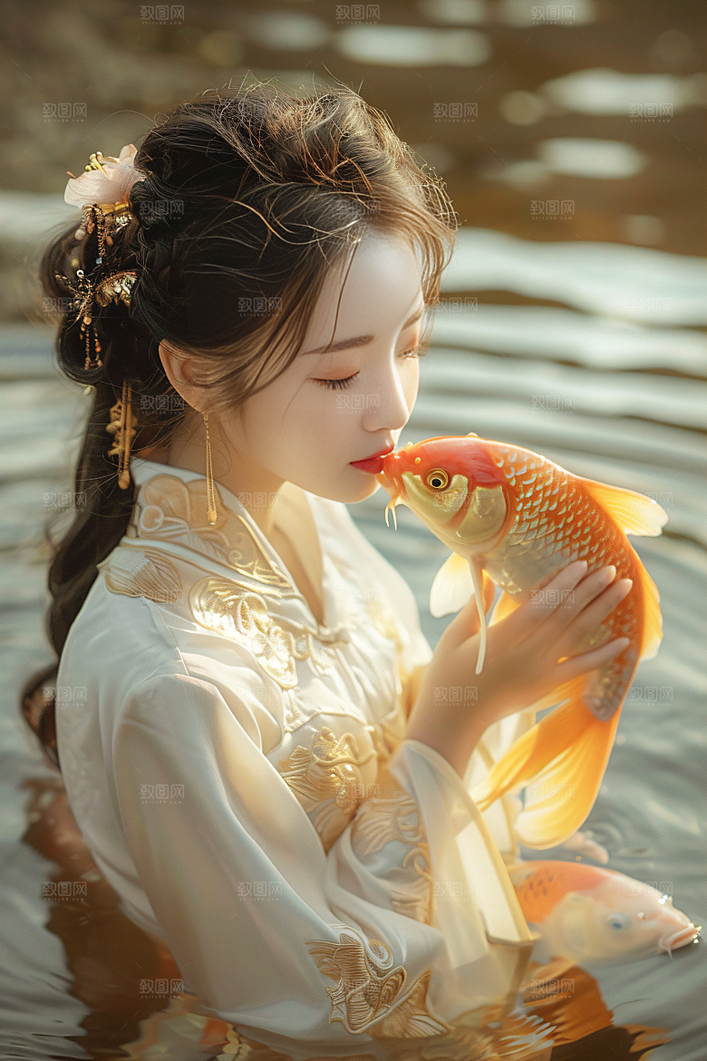 锦鲤和女孩肖像好运摄影图