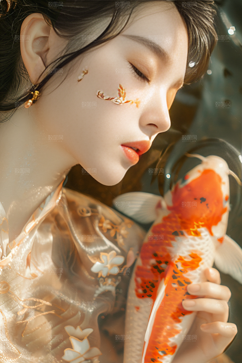 锦鲤和女孩柔美中国风摄影图