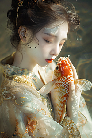锦鲤和女孩波光粼粼中国风摄影图