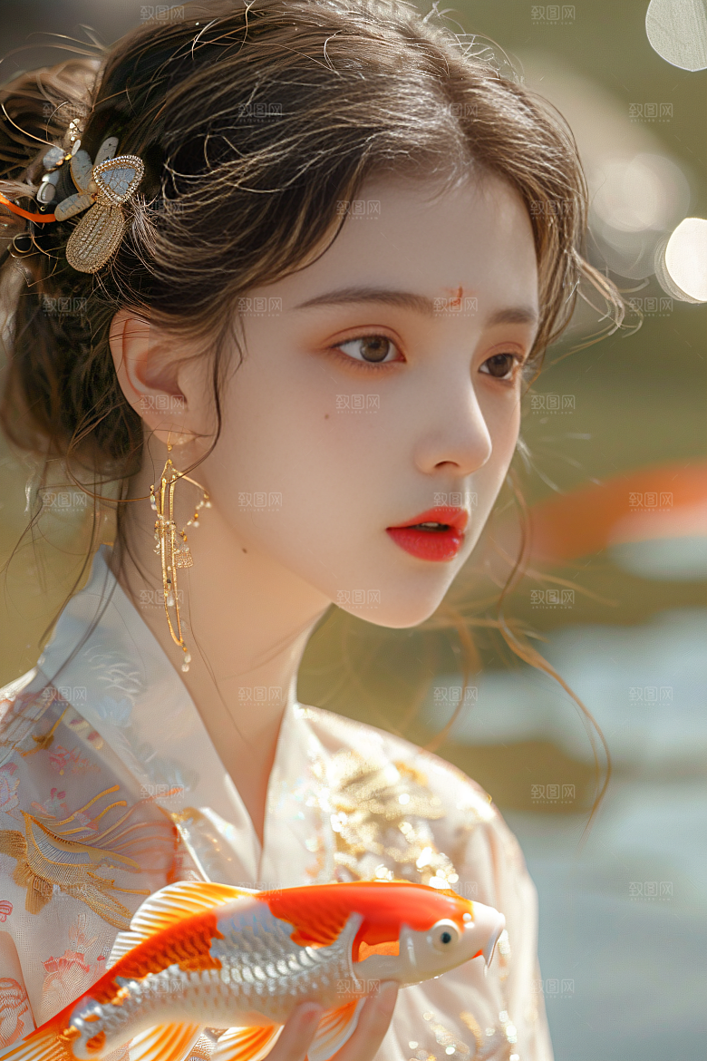 锦鲤和女孩好运波光粼粼摄影图