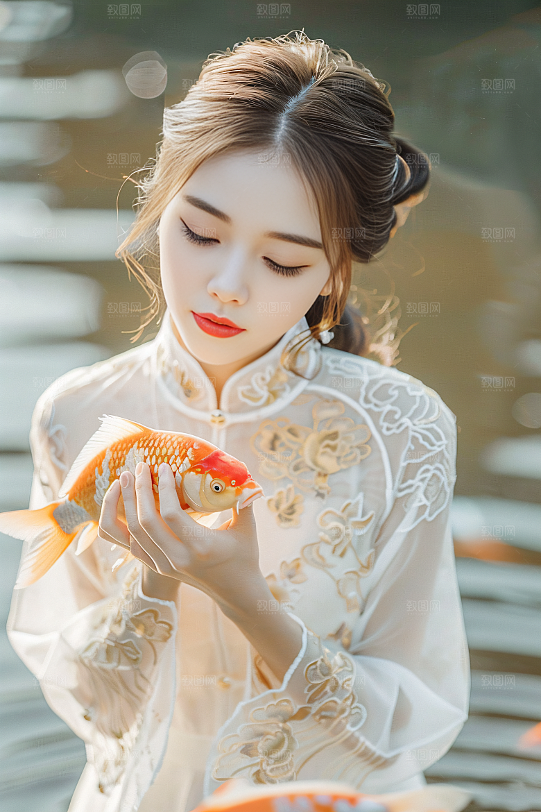 锦鲤和女孩肖像祝福摄影图