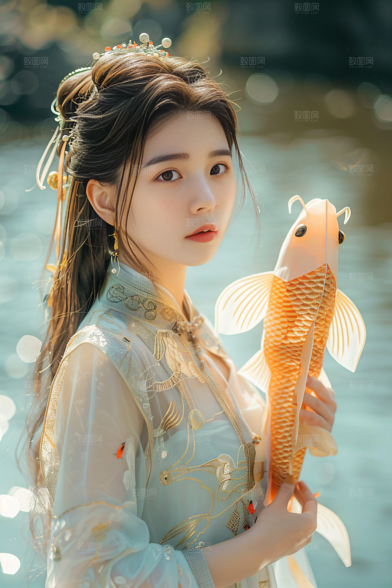 锦鲤和女孩祈福喜庆摄影图