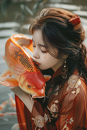 锦鲤和女孩中国风柔美摄影图