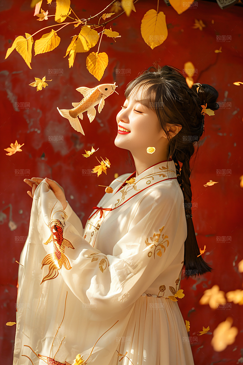 锦鲤和女孩柔美中式摄影图