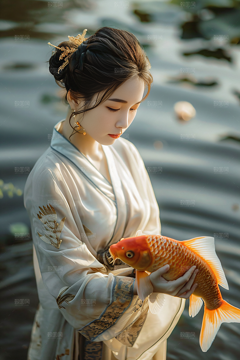 锦鲤和女孩喜庆唯美摄影图