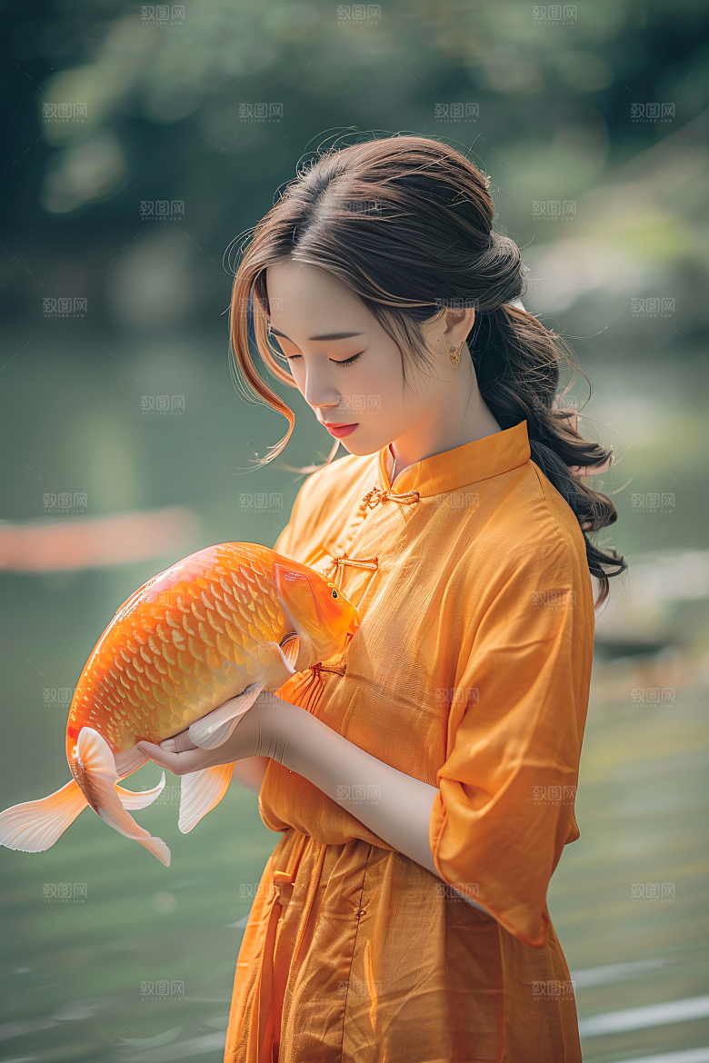 锦鲤和女孩新年好运摄影图