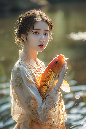 锦鲤和女孩中国风新年摄影图