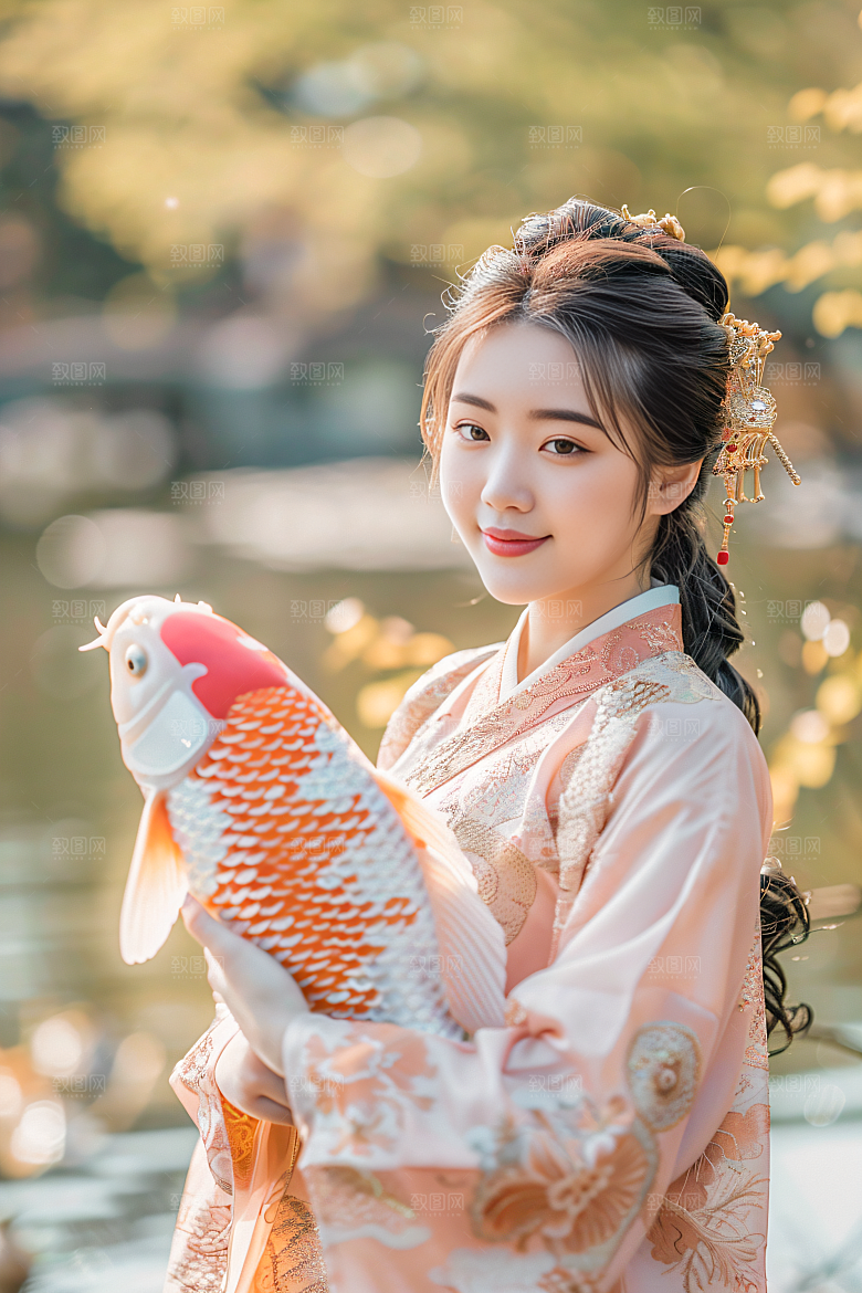 锦鲤和女孩中国风肖像摄影图