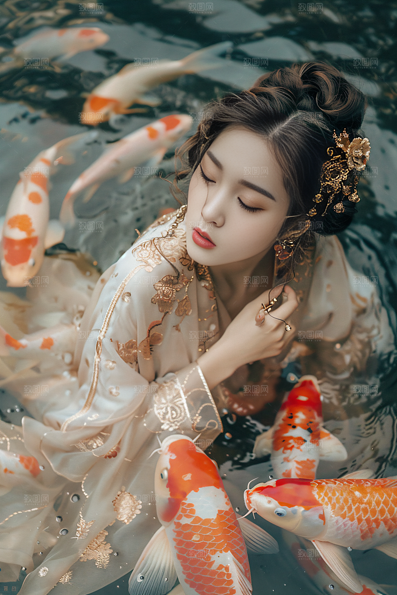 锦鲤和女孩祝福中国风摄影图