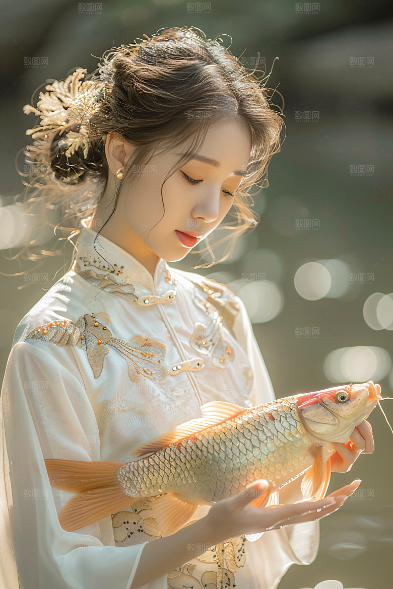 锦鲤和女孩喜庆中国风摄影图