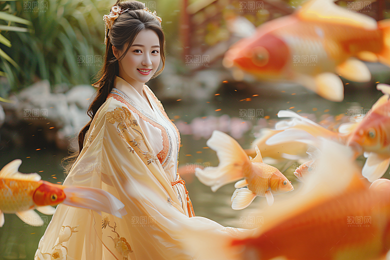 锦鲤和女孩波光粼粼春节摄影图