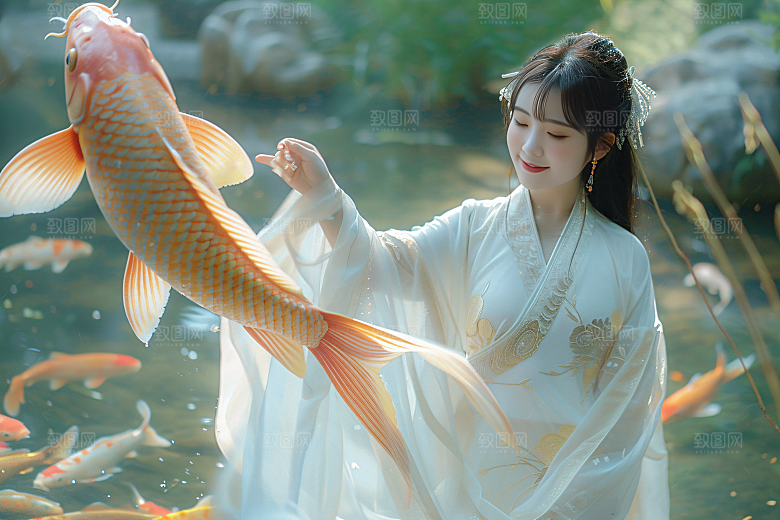 锦鲤和女孩祝福波光粼粼摄影图