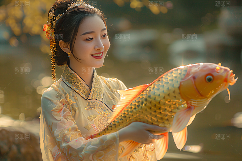 锦鲤和女孩肖像好运摄影图