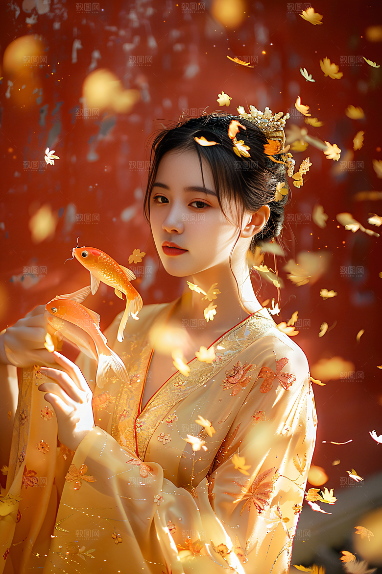 锦鲤和女孩中式祈福摄影图