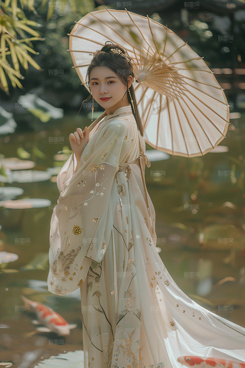锦鲤和女孩波光粼粼唯美摄影图