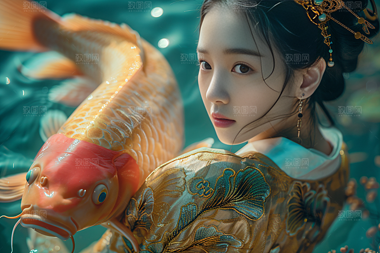 锦鲤和女孩波光粼粼柔美摄影图