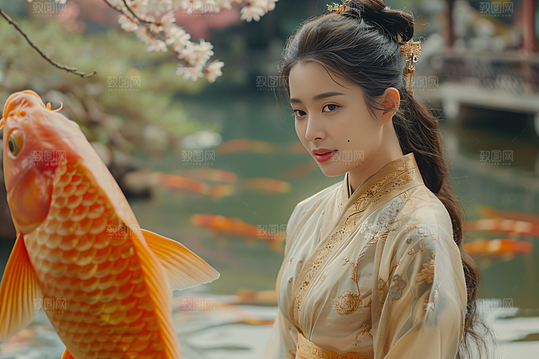 锦鲤和女孩中式柔美摄影图