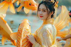 锦鲤和女孩肖像中国风摄影图