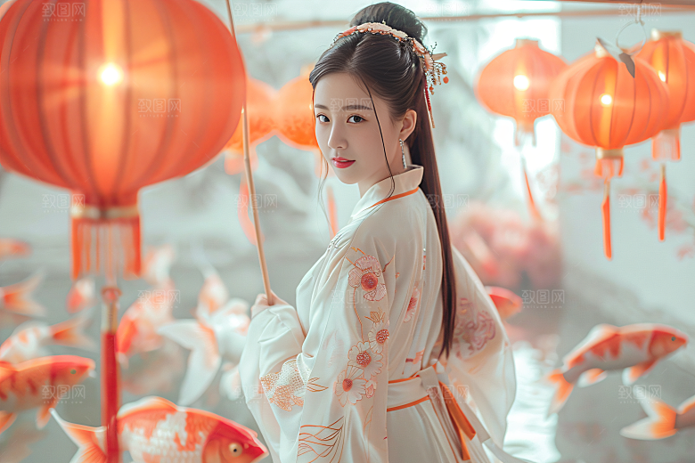 锦鲤和女孩人物喜庆摄影图