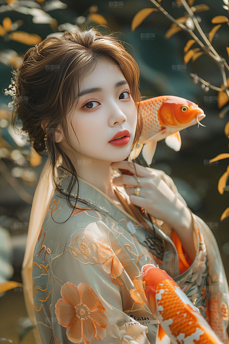 锦鲤和女孩中国风喜庆摄影图