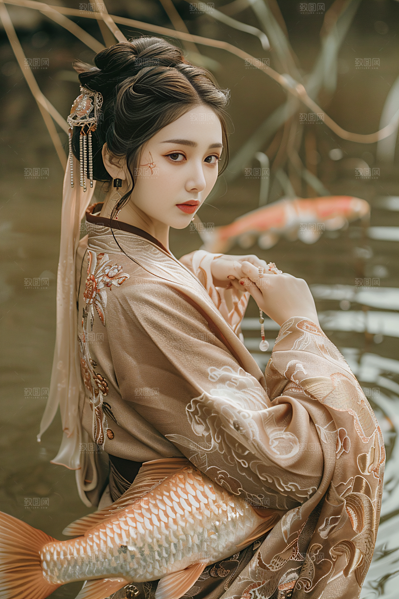 锦鲤和女孩喜庆好运摄影图