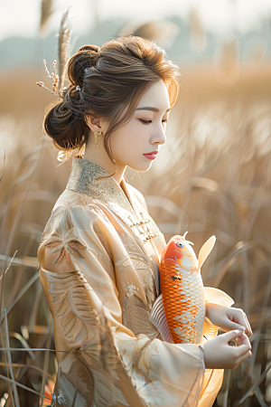 锦鲤和女孩祈福春节摄影图