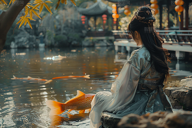锦鲤和女孩新年祈福摄影图