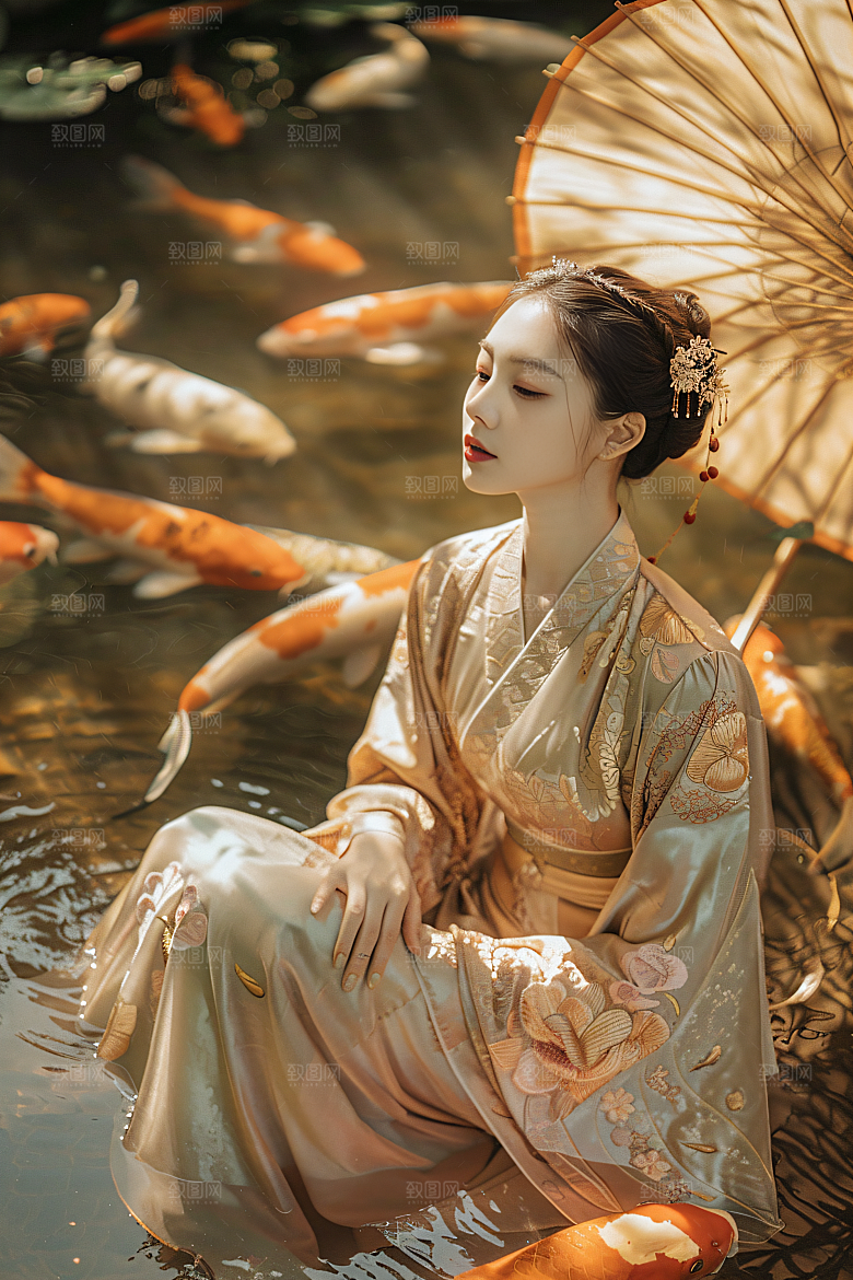 锦鲤和女孩肖像唯美摄影图
