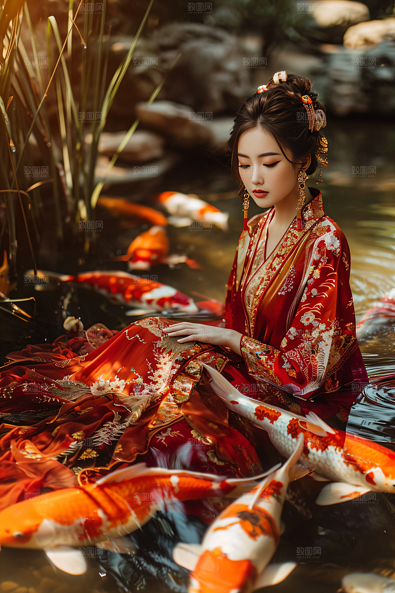 锦鲤和女孩柔美唯美摄影图