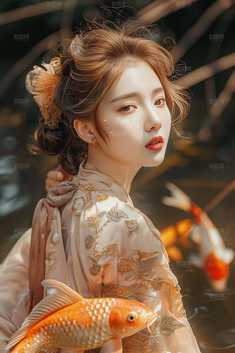 锦鲤和女孩唯美喜庆摄影图