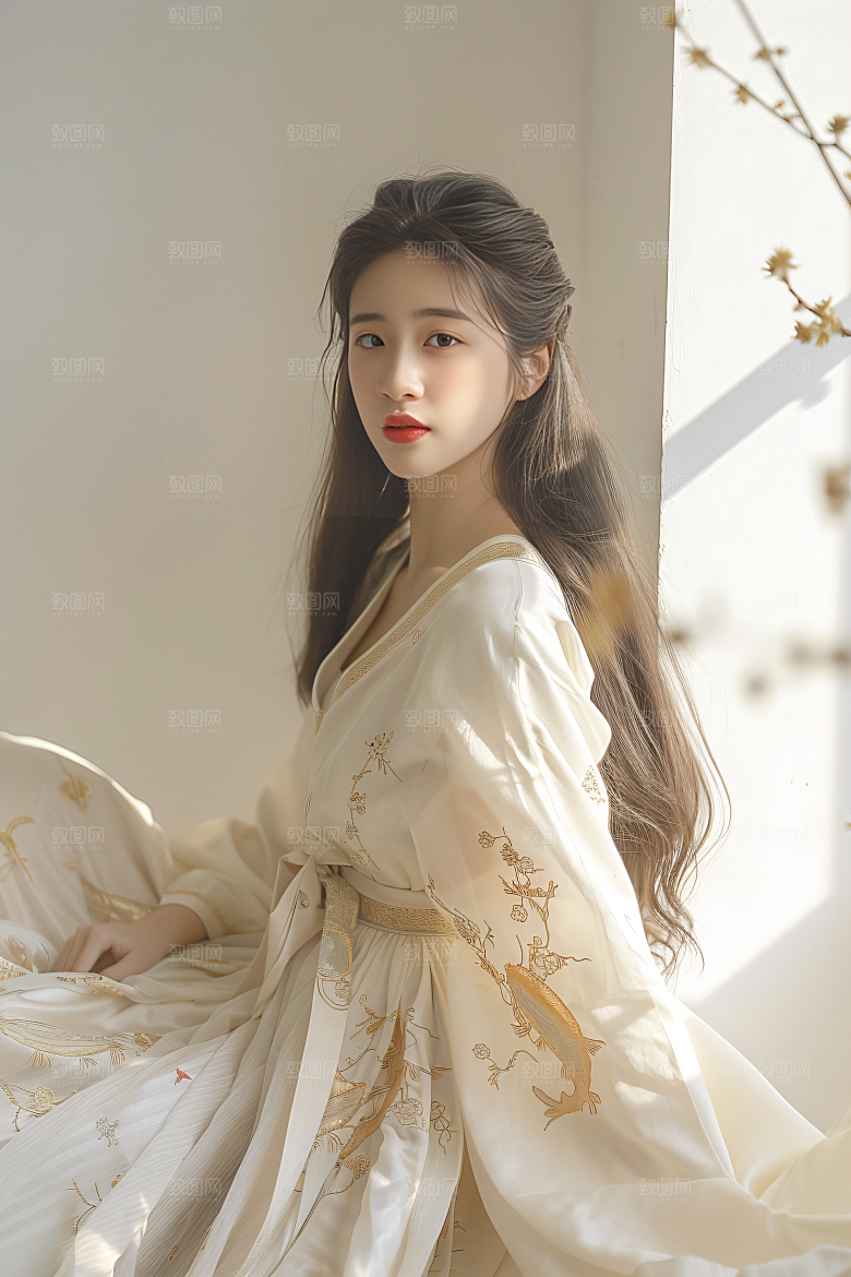 锦鲤和女孩好运唯美摄影图