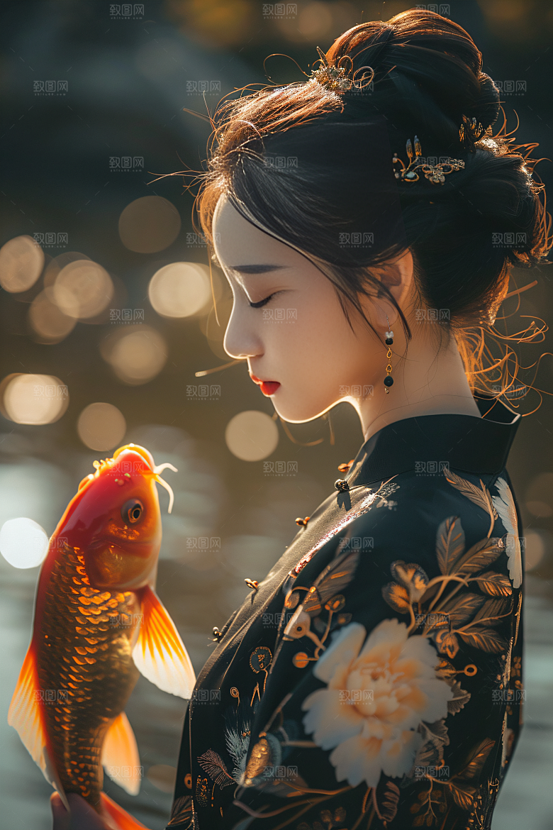 锦鲤和女孩祈福新年摄影图