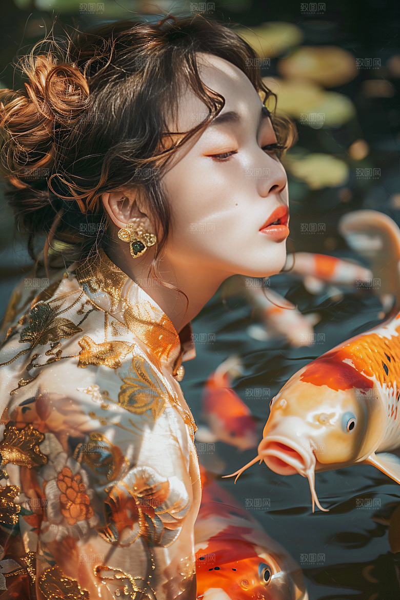 锦鲤和女孩好运新年摄影图