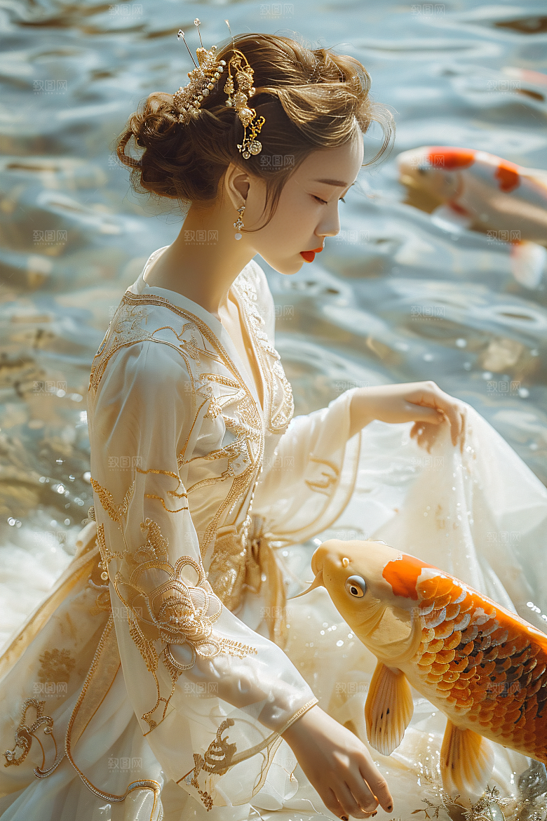 锦鲤和女孩柔美唯美摄影图