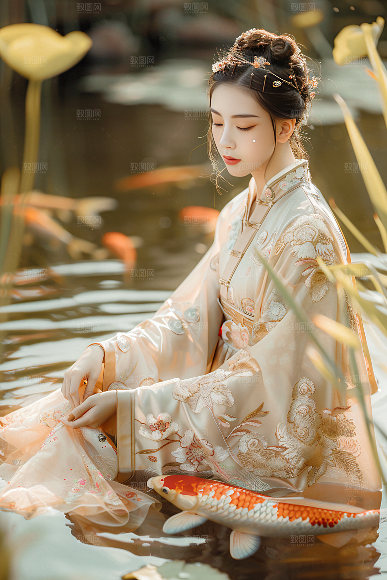 锦鲤和女孩喜庆波光粼粼摄影图