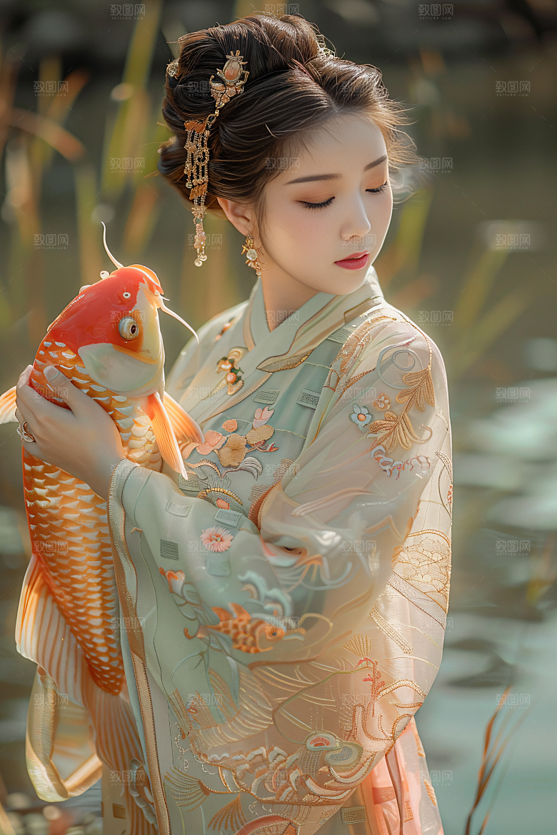 锦鲤和女孩中国风唯美摄影图