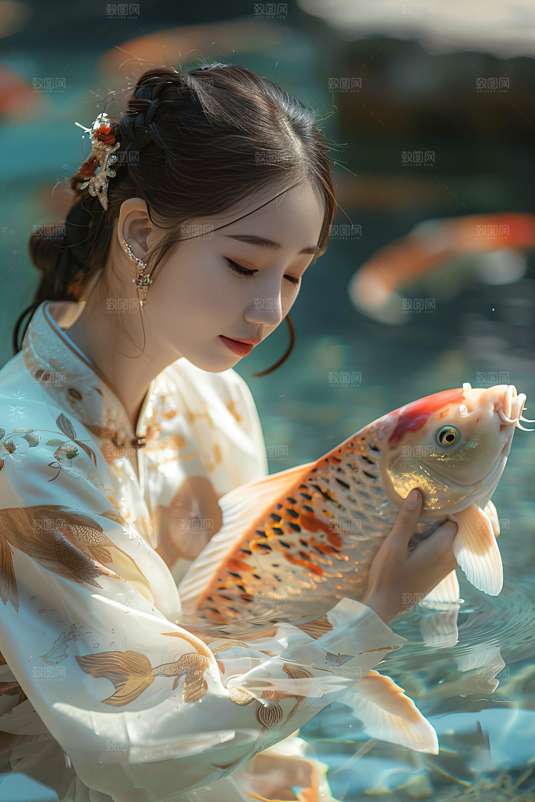 锦鲤和女孩新年柔美摄影图
