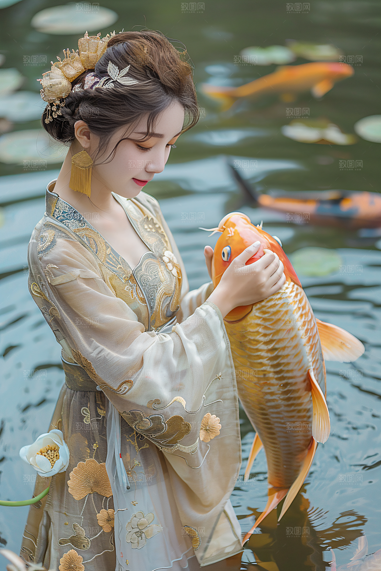 锦鲤和女孩肖像中国风摄影图