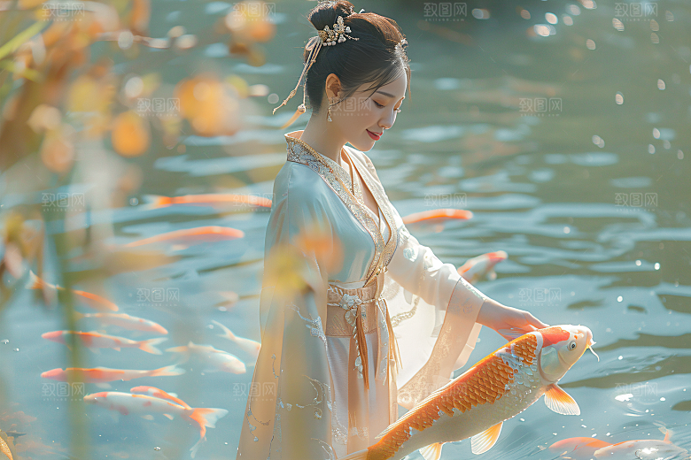 锦鲤和女孩春节祈福摄影图