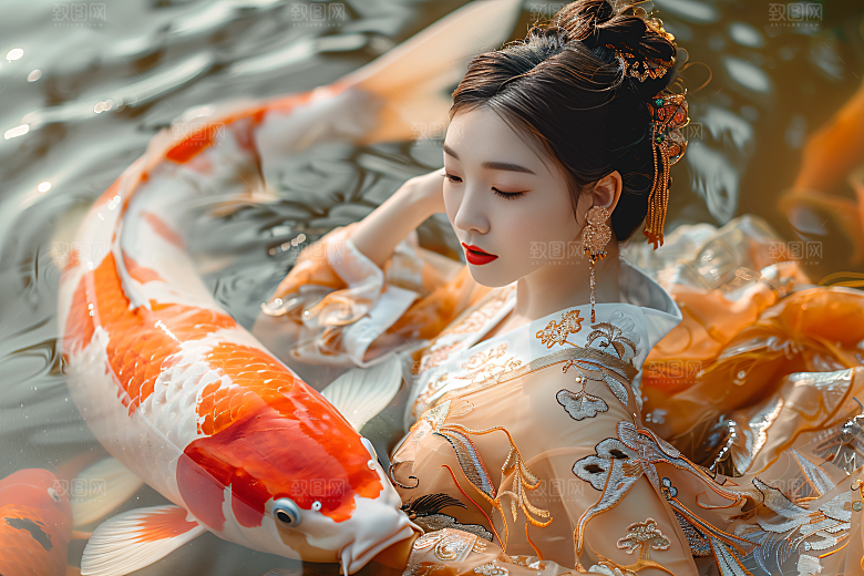 锦鲤和女孩唯美祈福摄影图