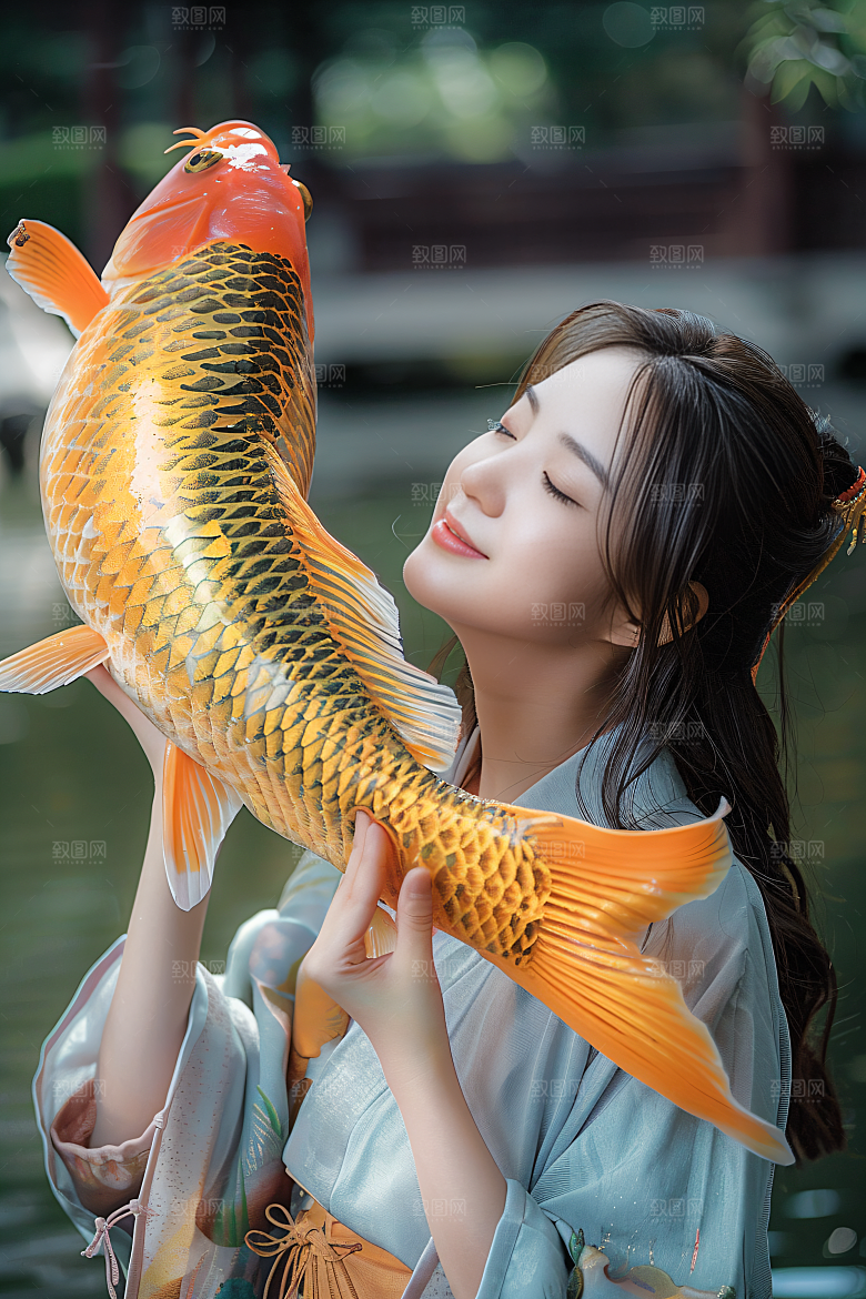 锦鲤和女孩肖像中式摄影图