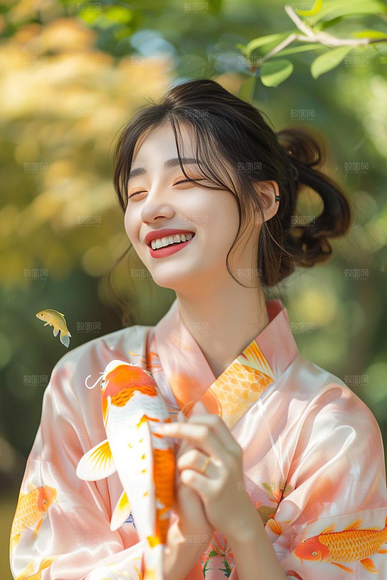 锦鲤和女孩新年喜庆摄影图
