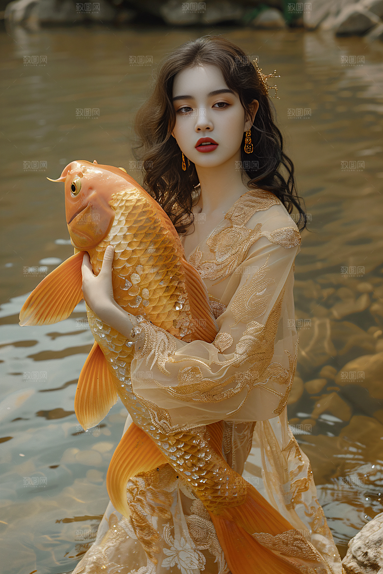 锦鲤和女孩波光粼粼春节摄影图